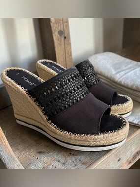 TOMS Black Woven Espadrille Wedge Slides with Rope Platform
